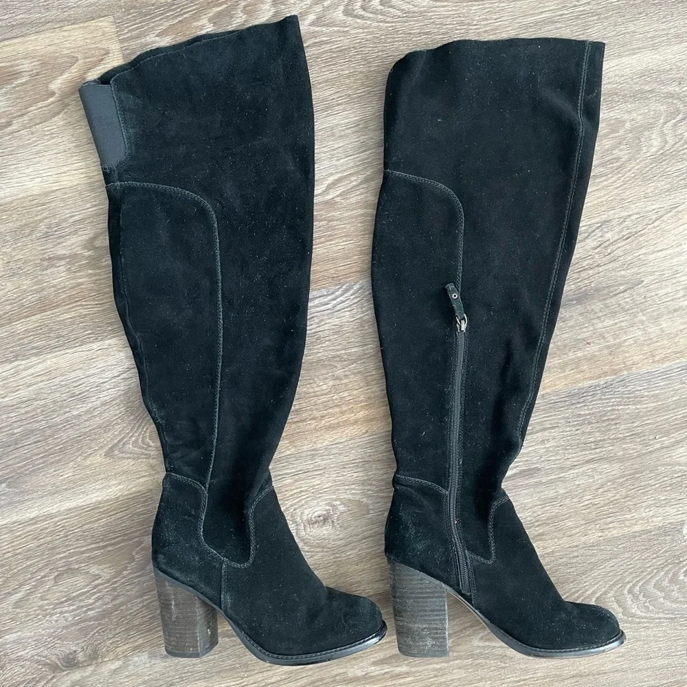 Kelsi Dagger heavy Black Suede Knee High Boots 7.5WC Wide Calf Block Heel